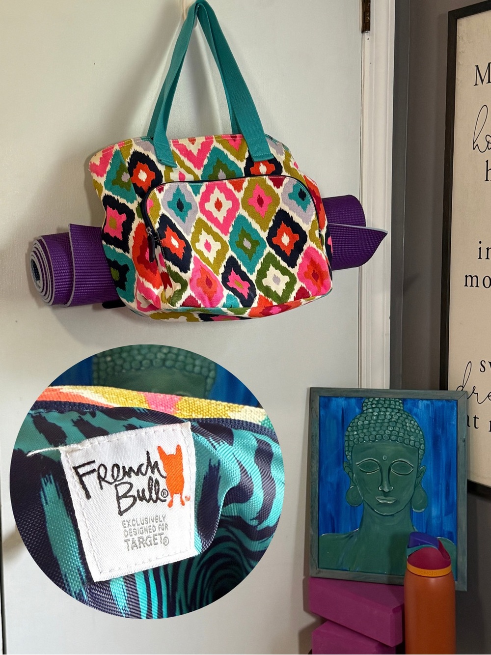 French Bull Yoga Mat Tote Bag Colorful Ikat Print Gym Workout Bag